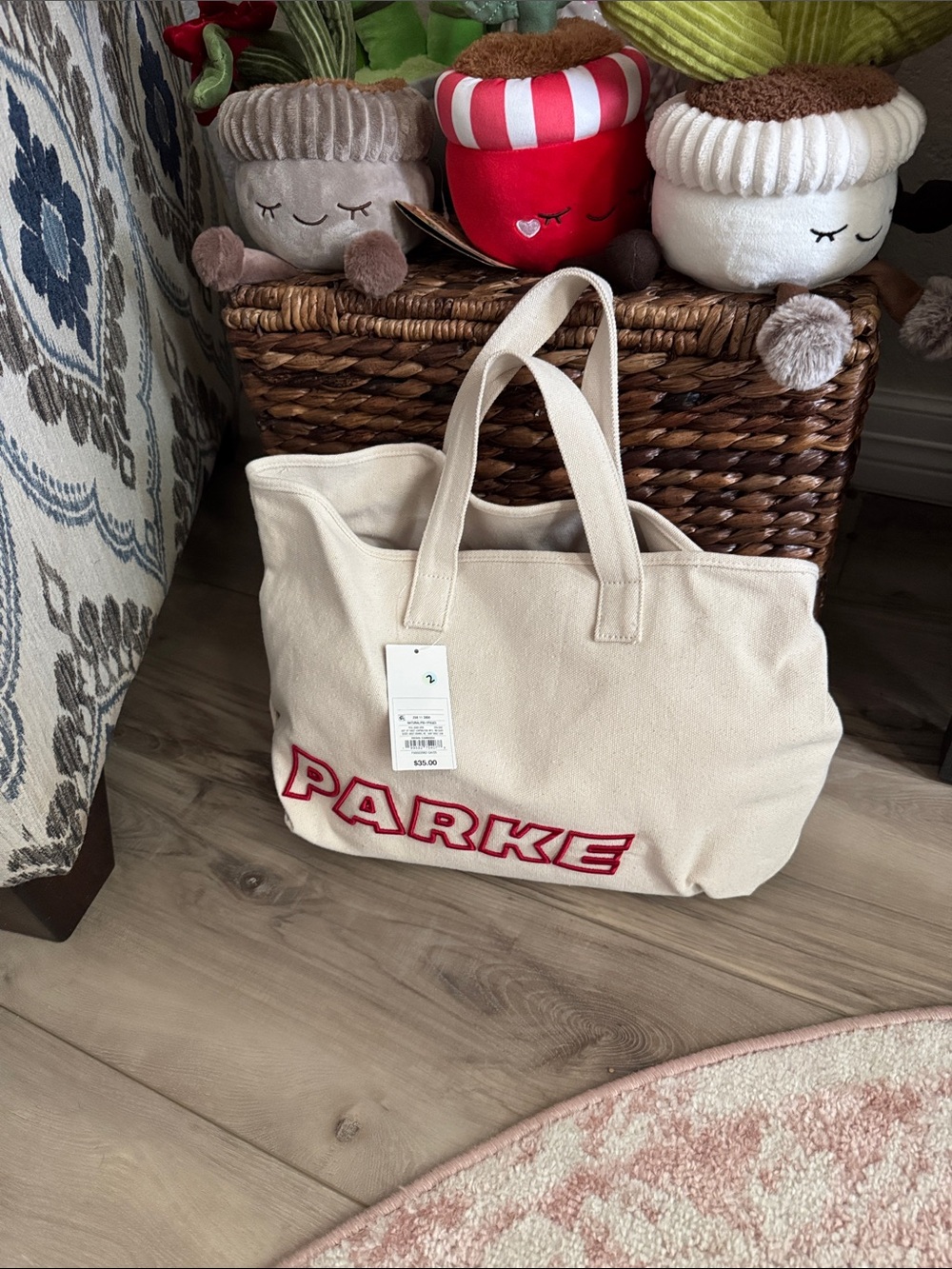 Parker Cream Canvas Tote with Red Logo Accent